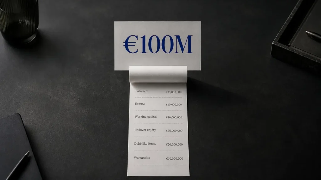 €100M headline price card with a long receipt of deal terms: earn-out, escrow, working capital